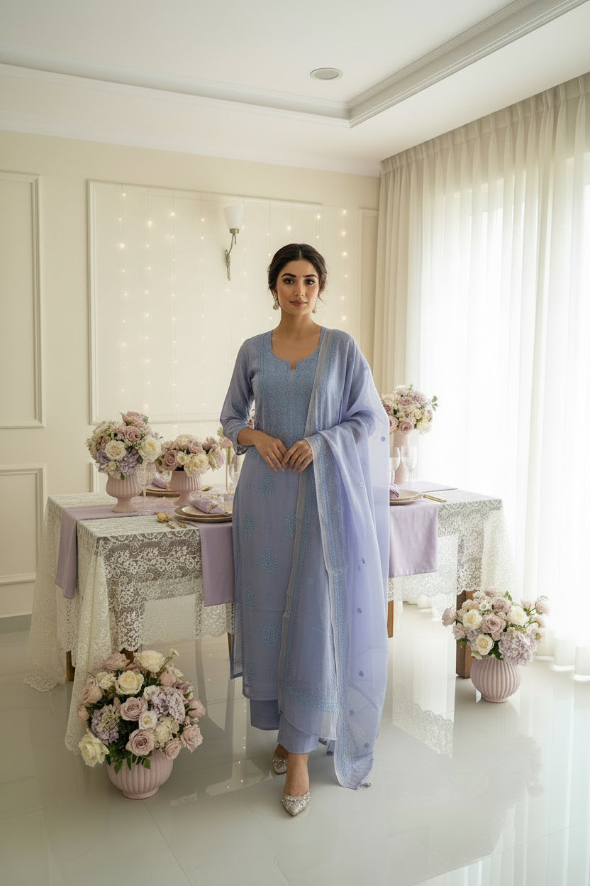 Lavender Chikankari Suit Set | Mul Chanderi Fabric