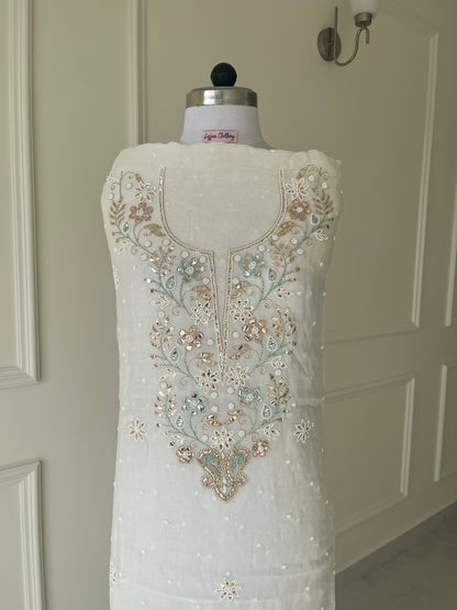White Badla Sequins Chikankari | Mul Chanderi Fabric