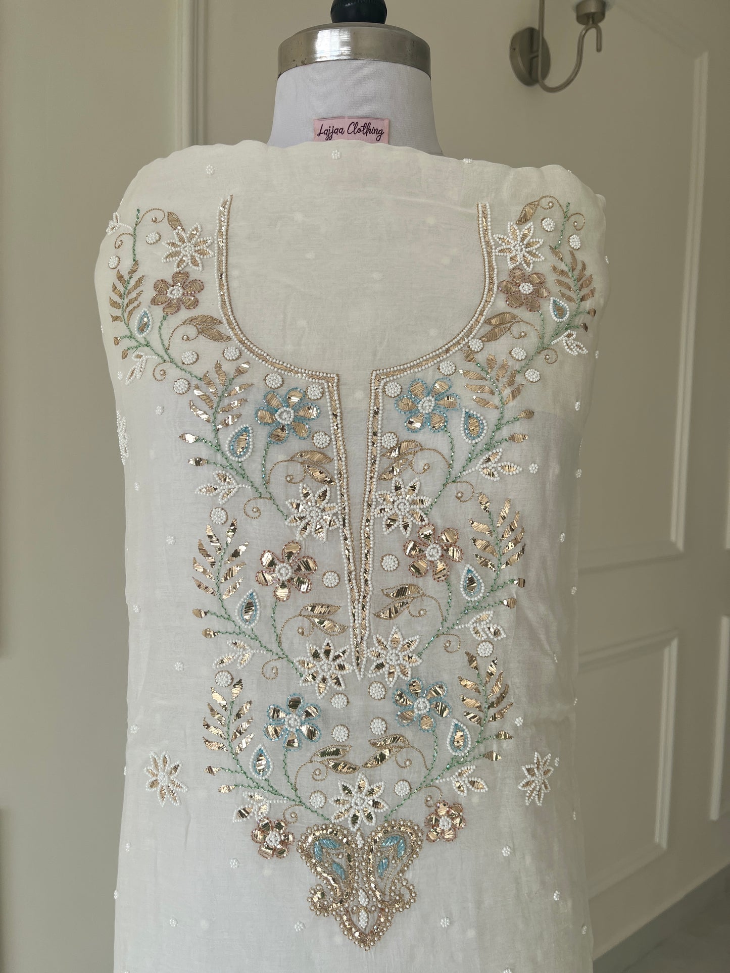 White Badla Sequins Chikankari | Mul Chanderi Fabric