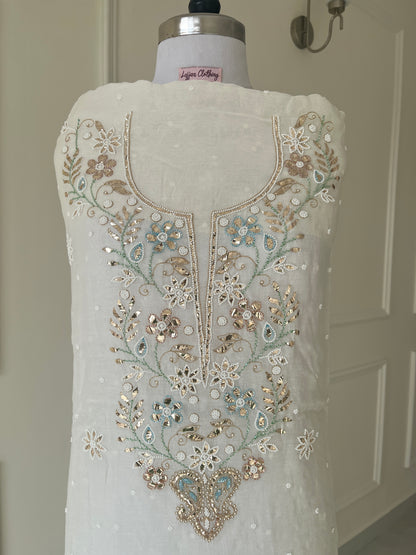 White Badla Sequins Chikankari | Mul Chanderi Fabric