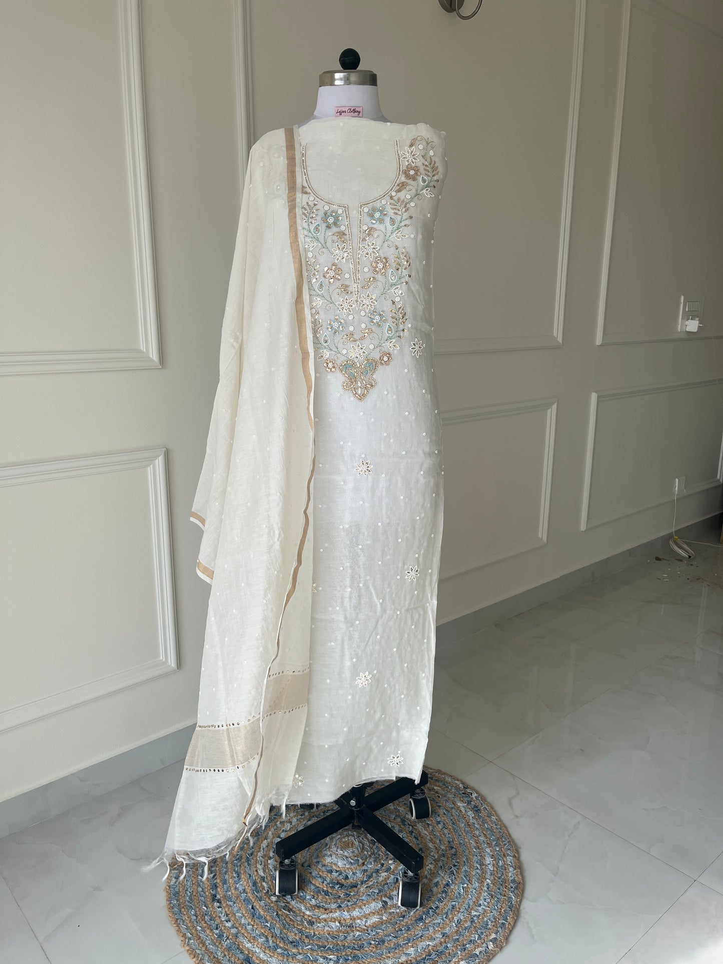 White Badla Sequins Chikankari | Mul Chanderi Fabric