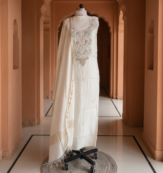 White Badla Sequins Chikankari | Mul Chanderi Fabric