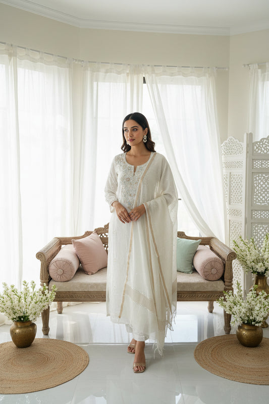 White Badla Sequins Chikankari | Mul Chanderi Fabric