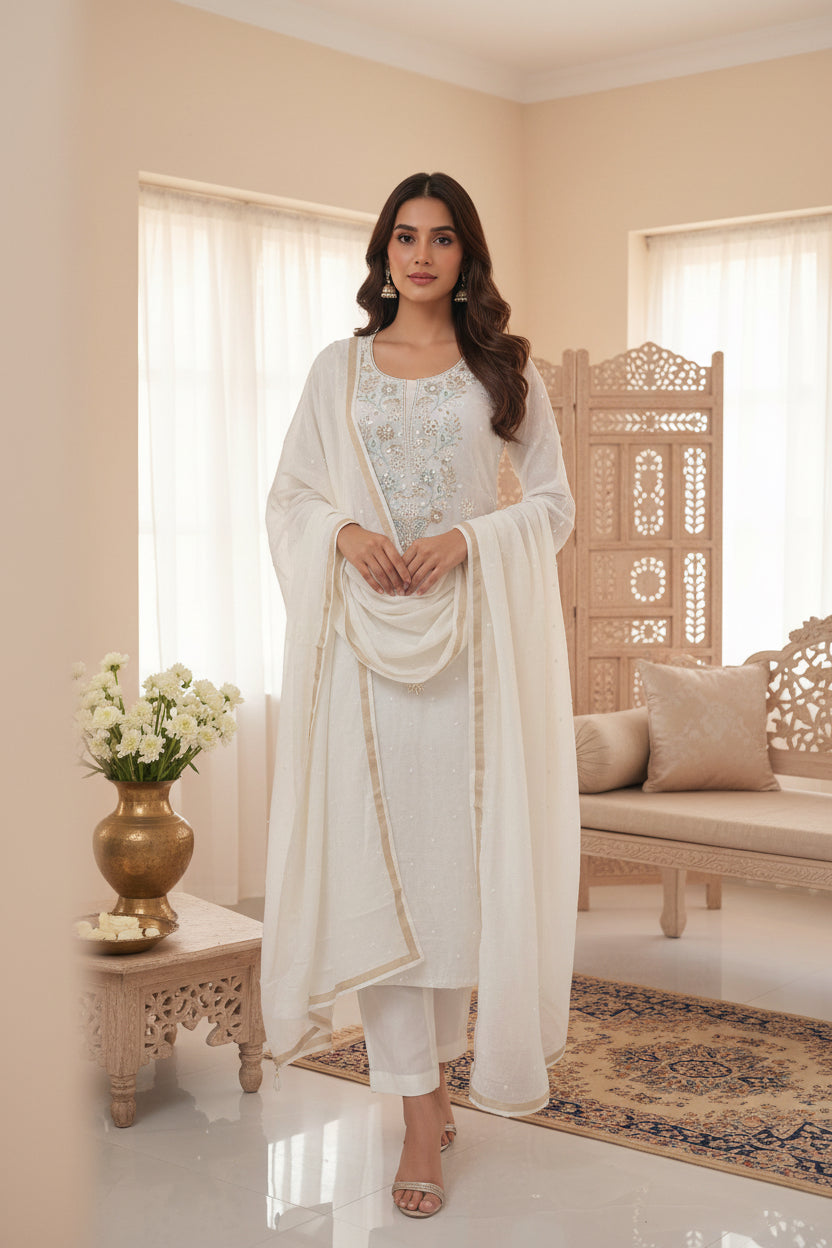 White Badla Sequins Chikankari | Mul Chanderi Fabric