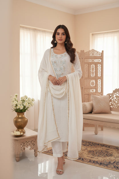 White Badla Sequins Chikankari | Mul Chanderi Fabric