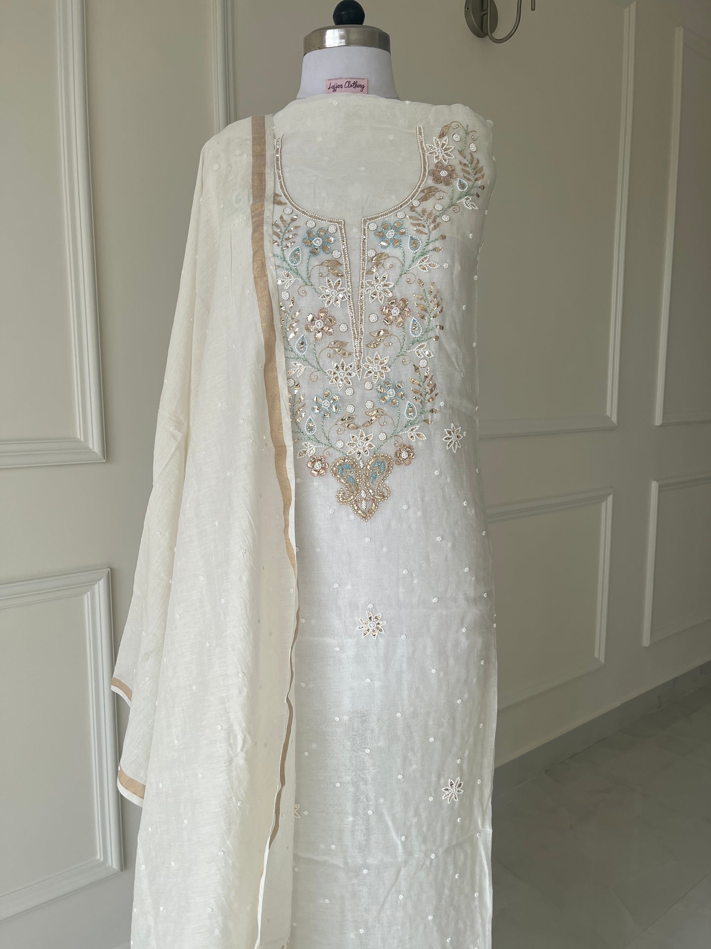 White Badla Sequins Chikankari | Mul Chanderi Fabric