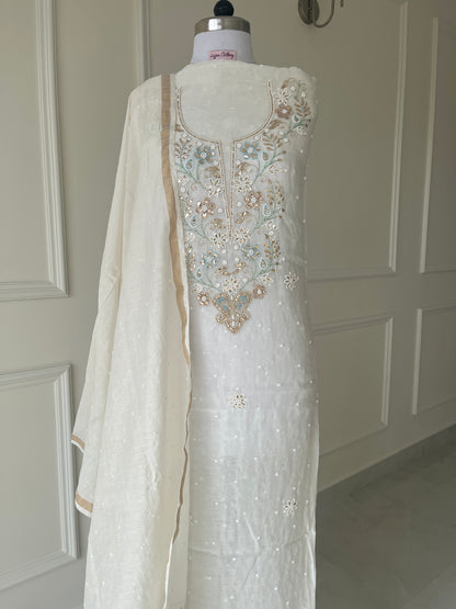 White Badla Sequins Chikankari | Mul Chanderi Fabric
