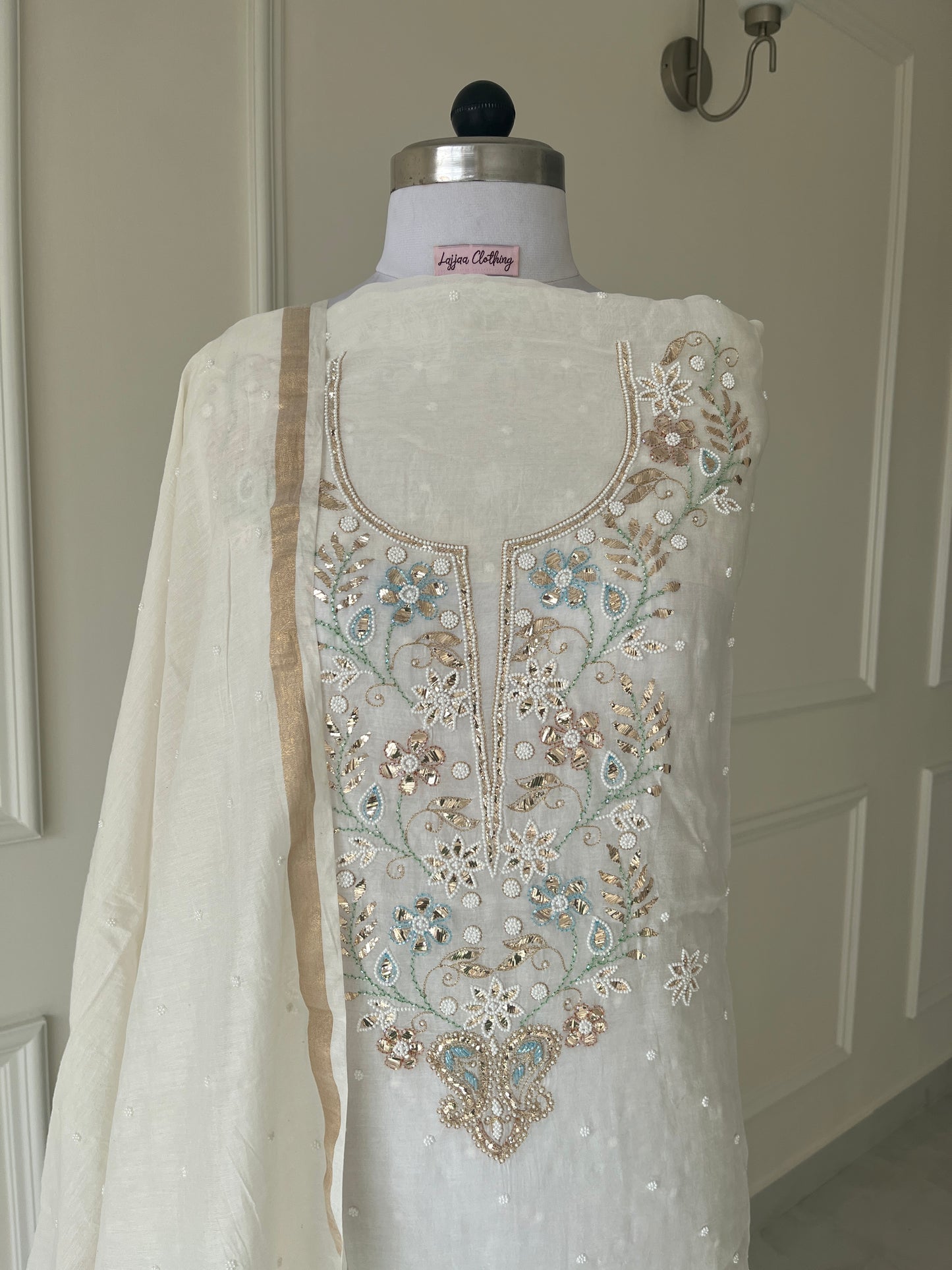 White Badla Sequins Chikankari | Mul Chanderi Fabric