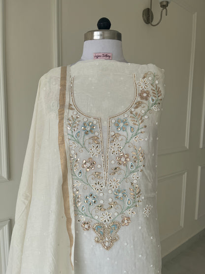 White Badla Sequins Chikankari | Mul Chanderi Fabric