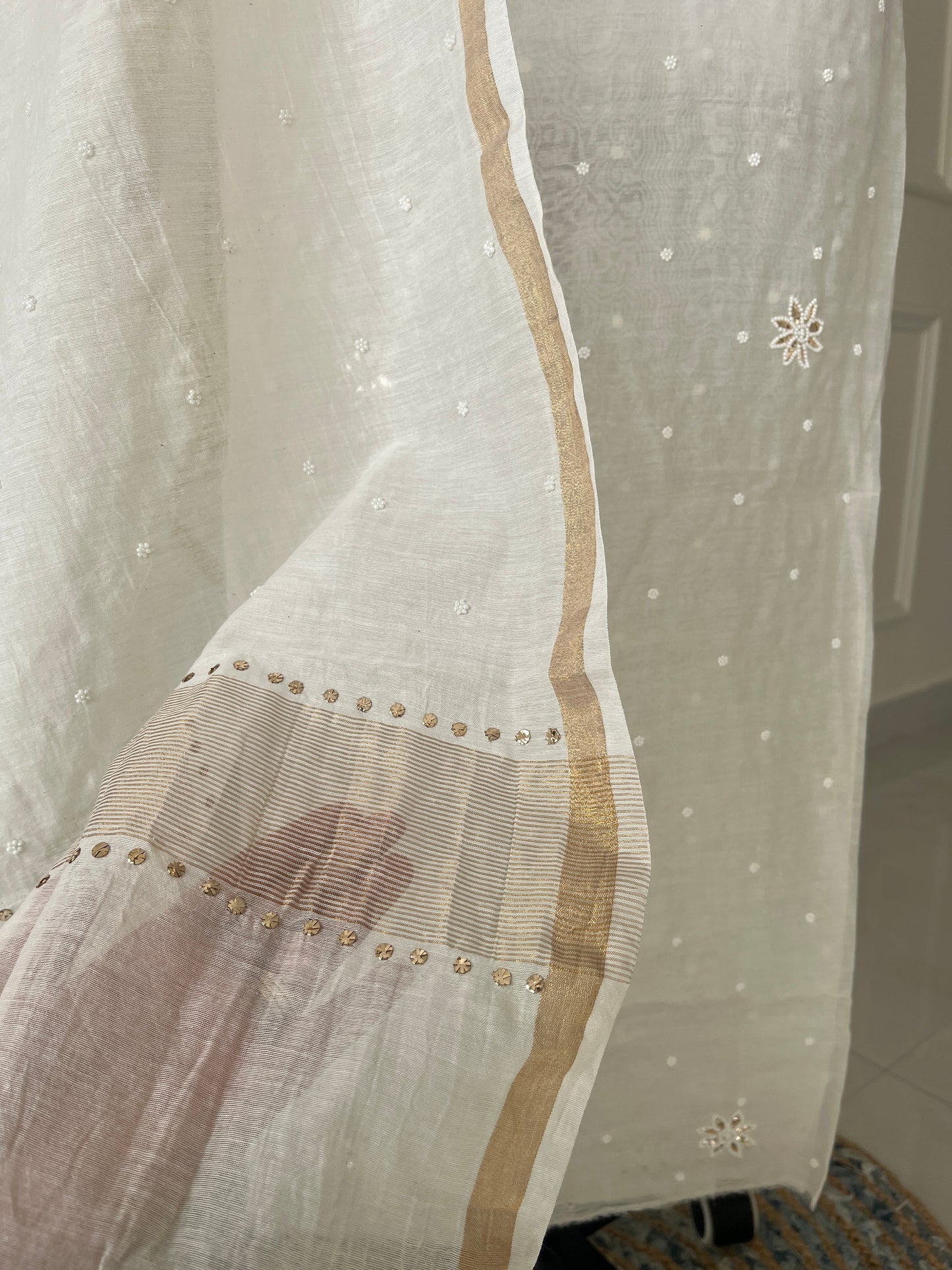 White Badla Sequins Chikankari | Mul Chanderi Fabric