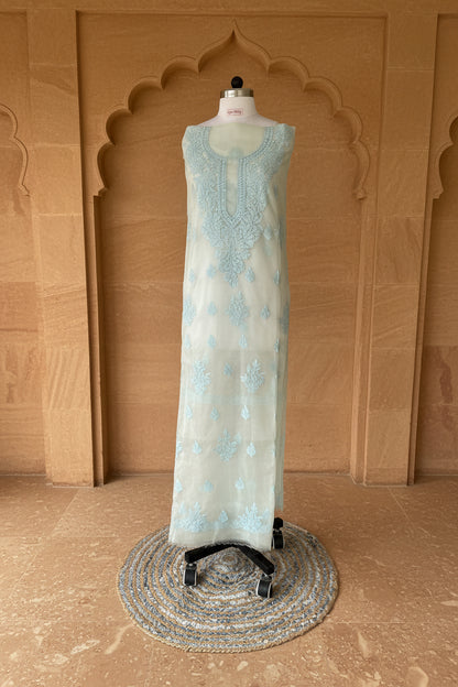 Unstitched Chikankari Suit Material – organza with Hand-embroidered chikankari ghaspatti  stitch in Pastel blue – Lajjaa.

