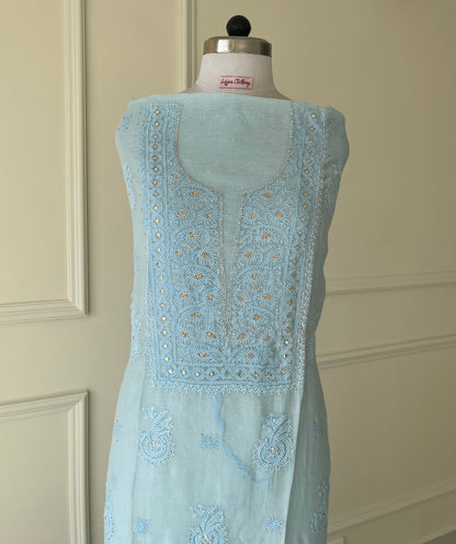Blue Mukaish Chikankari Suit Set | Mul Chanderi Fabric