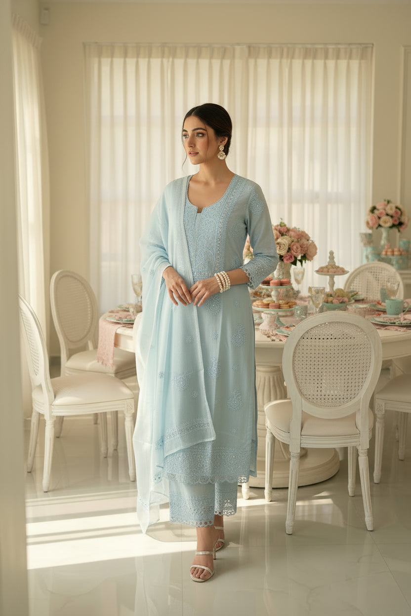 Light blue embroidered chikanakri suit set  