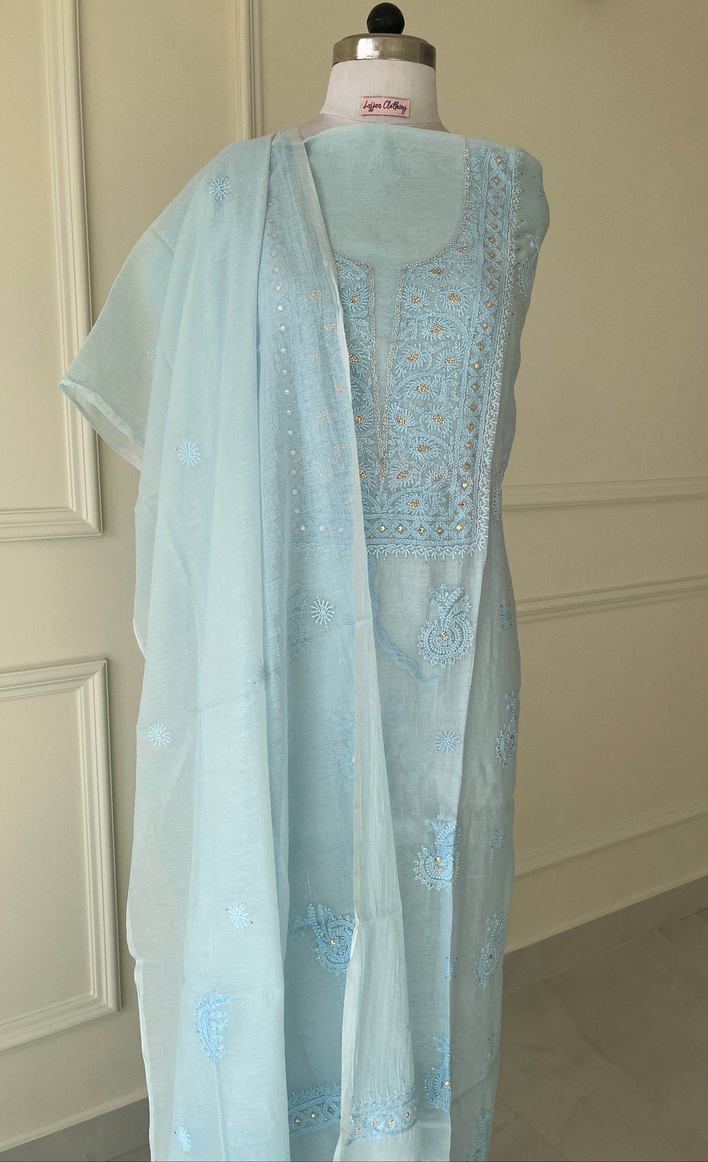 Blue Mukaish Chikankari Suit Set | Mul Chanderi Fabric
