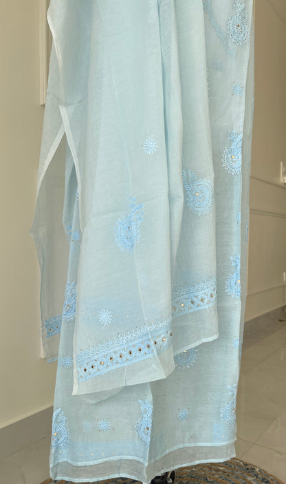 Blue Mukaish Chikankari Suit Set | Mul Chanderi Fabric