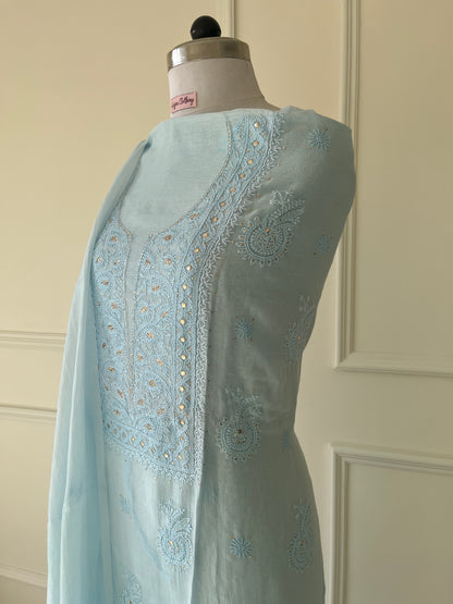 Blue Mukaish Chikankari Suit Set | Mul Chanderi Fabric