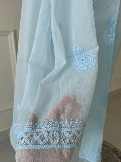 Blue Mukaish Chikankari Suit Set | Mul Chanderi Fabric
