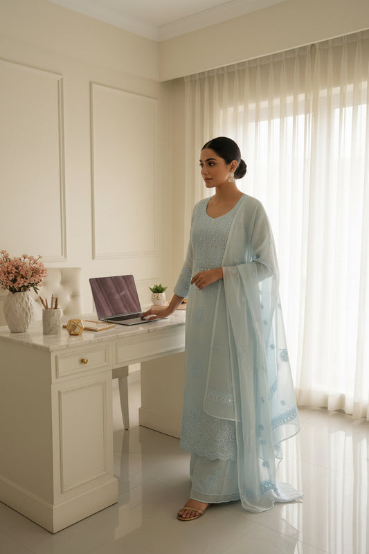 Light blue embroidered chikankari suit set on a mannequin against a beige wall.