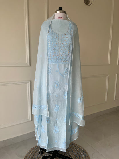 Blue Mukaish Chikankari Suit Set | Mul Chanderi Fabric
