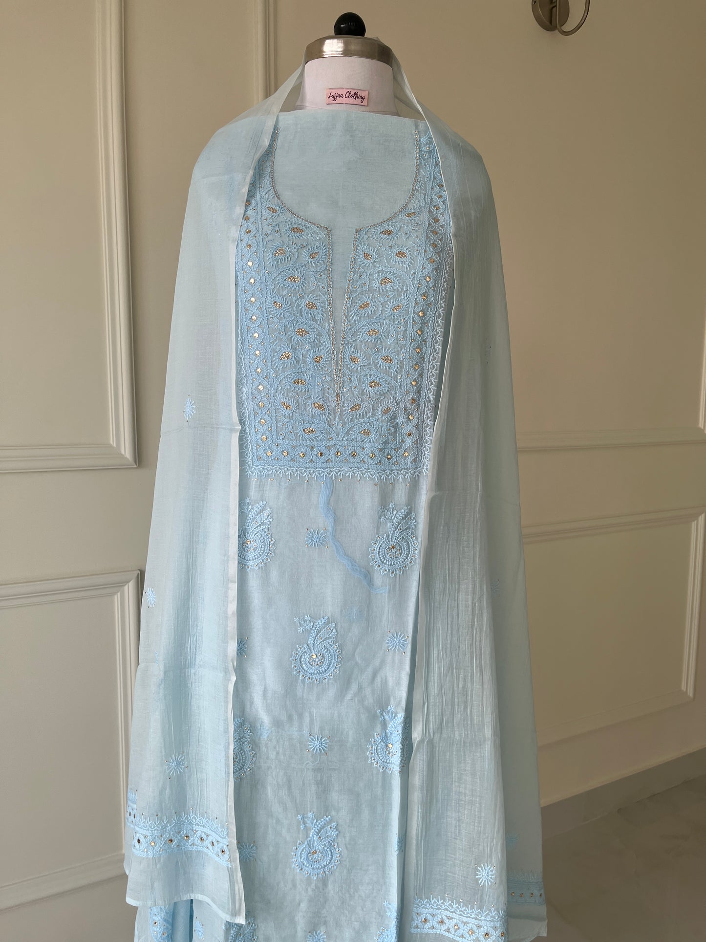 Blue Mukaish Chikankari Suit Set | Mul Chanderi Fabric