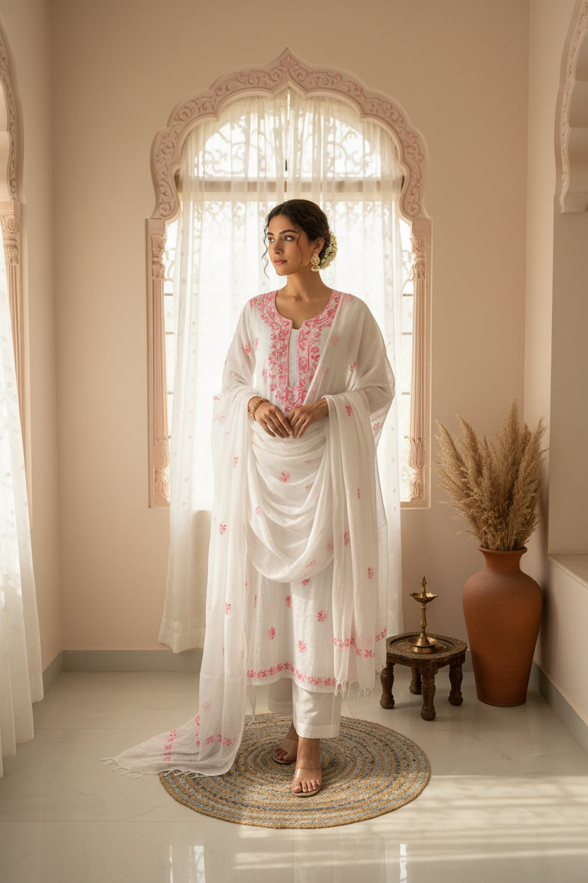 White Pink Kota Doriya Chikankari Suit Set