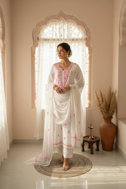 White Pink Kota Doriya Chikankari Suit Set