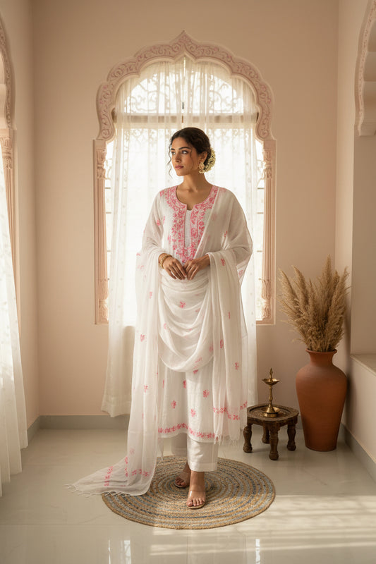 White Pink Kota Doriya Chikankari Suit Set