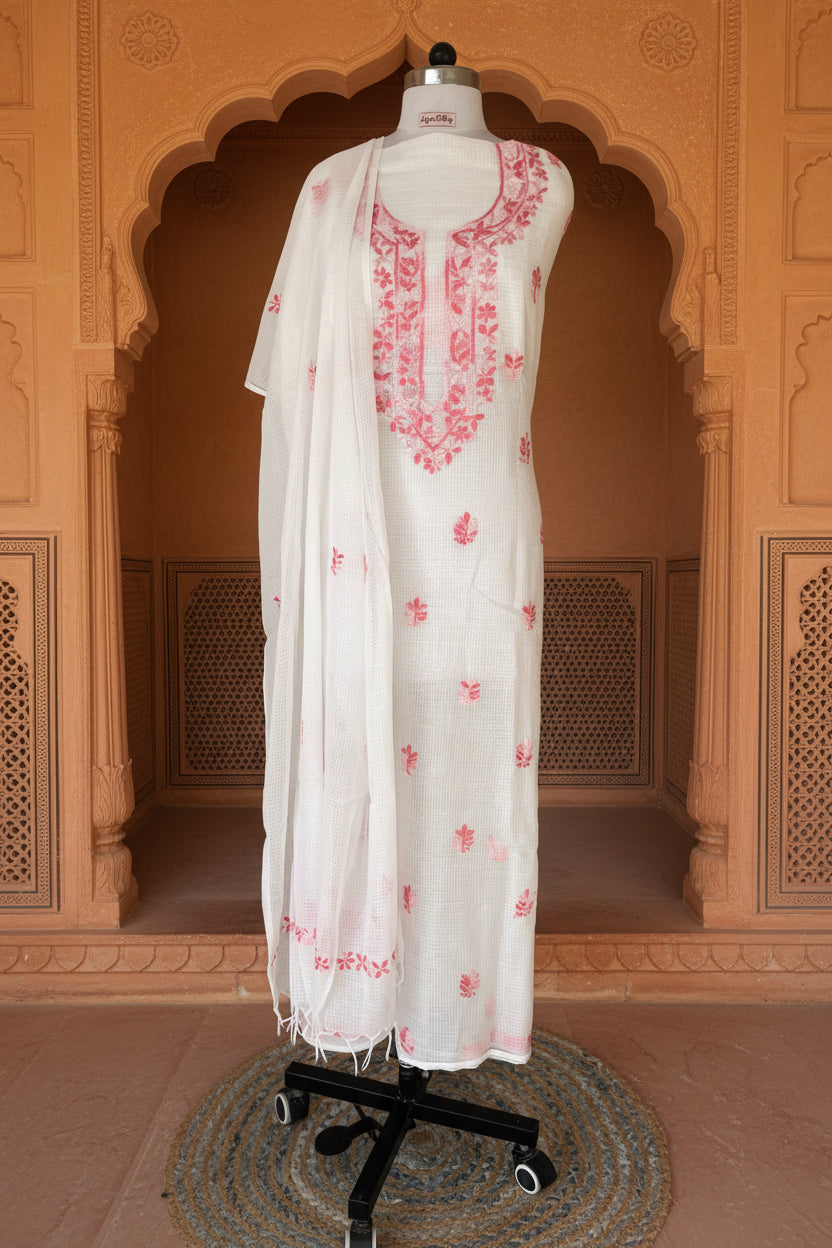 White Pink Kota Doriya Chikankari Suit Set