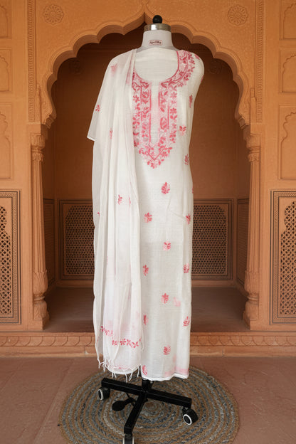White Pink Kota Doriya Chikankari Suit Set