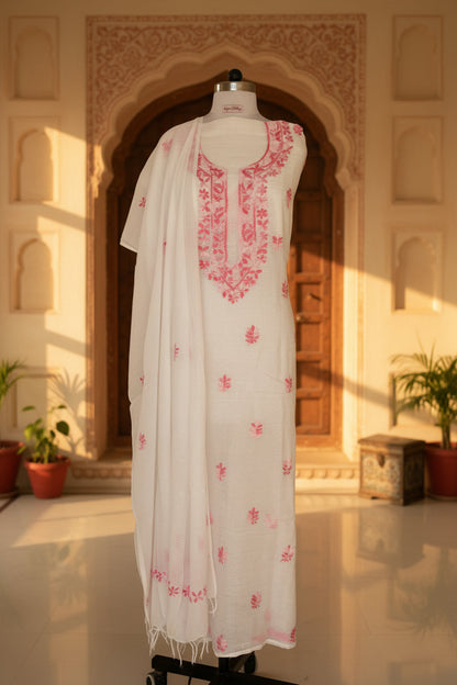 White Pink Kota Doriya Chikankari Suit Set