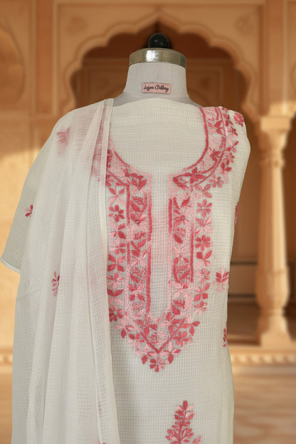 White Pink Kota Doriya Chikankari Suit Set