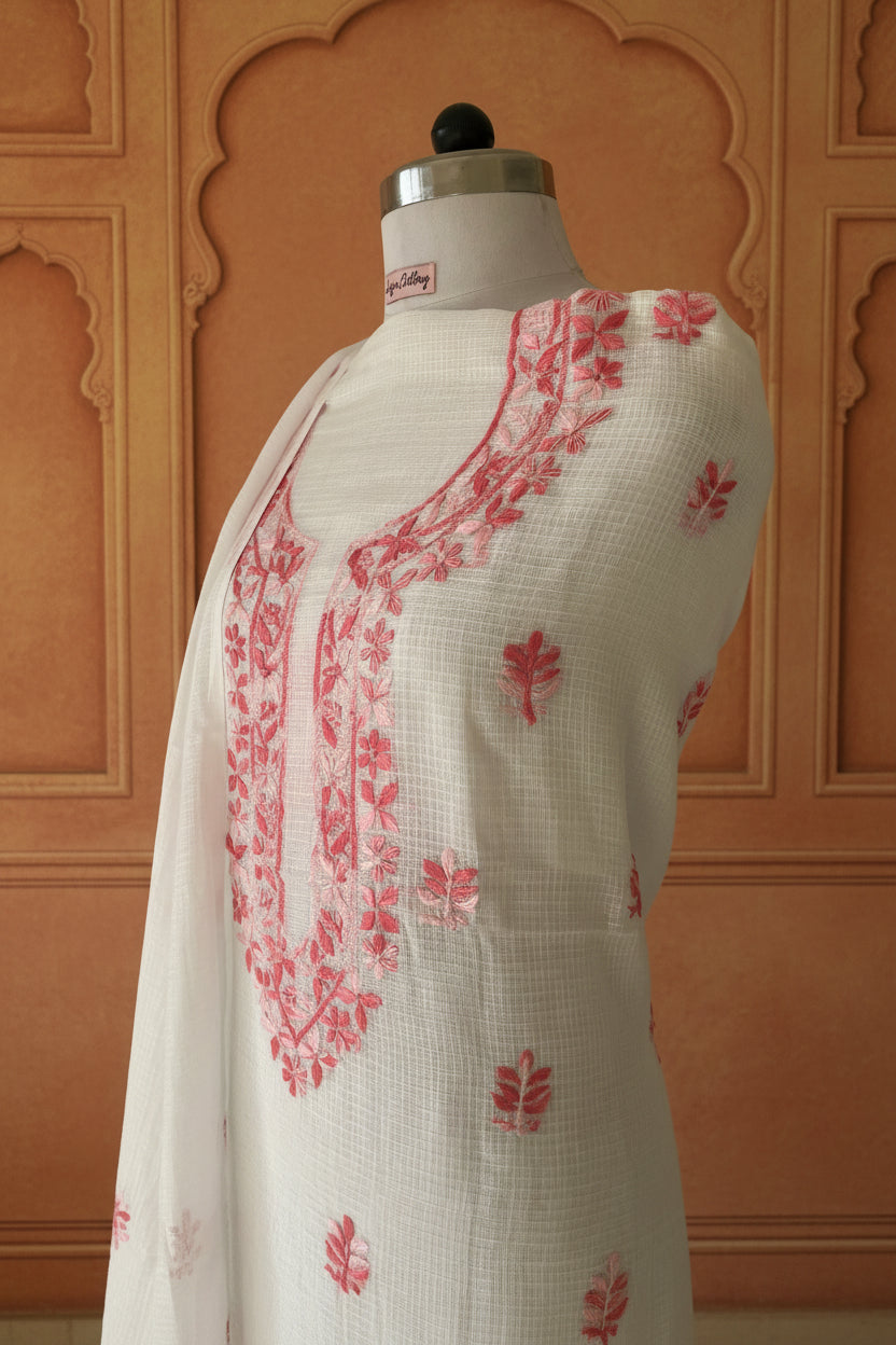 White Pink Kota Doriya Chikankari Suit Set