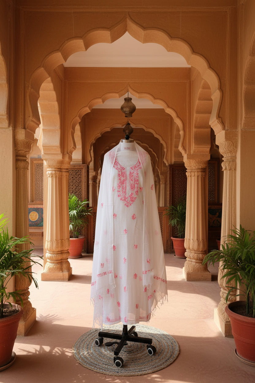 White Pink Kota Doriya Chikankari Suit Set