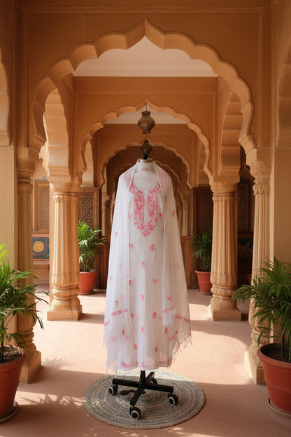 White Pink Kota Doriya Chikankari Suit Set
