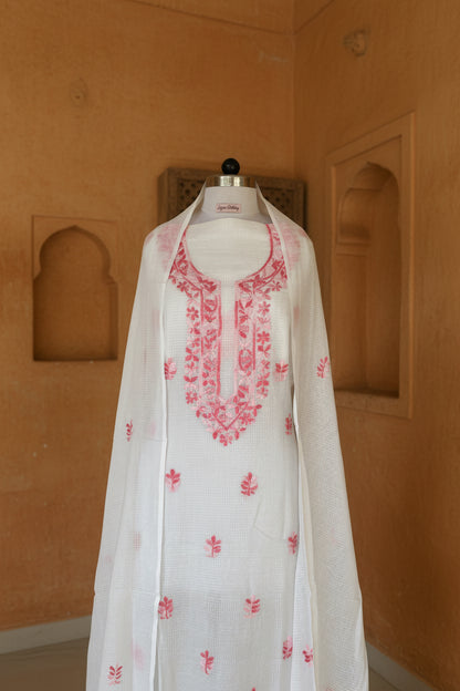 White Pink Kota Doriya Chikankari Suit Set