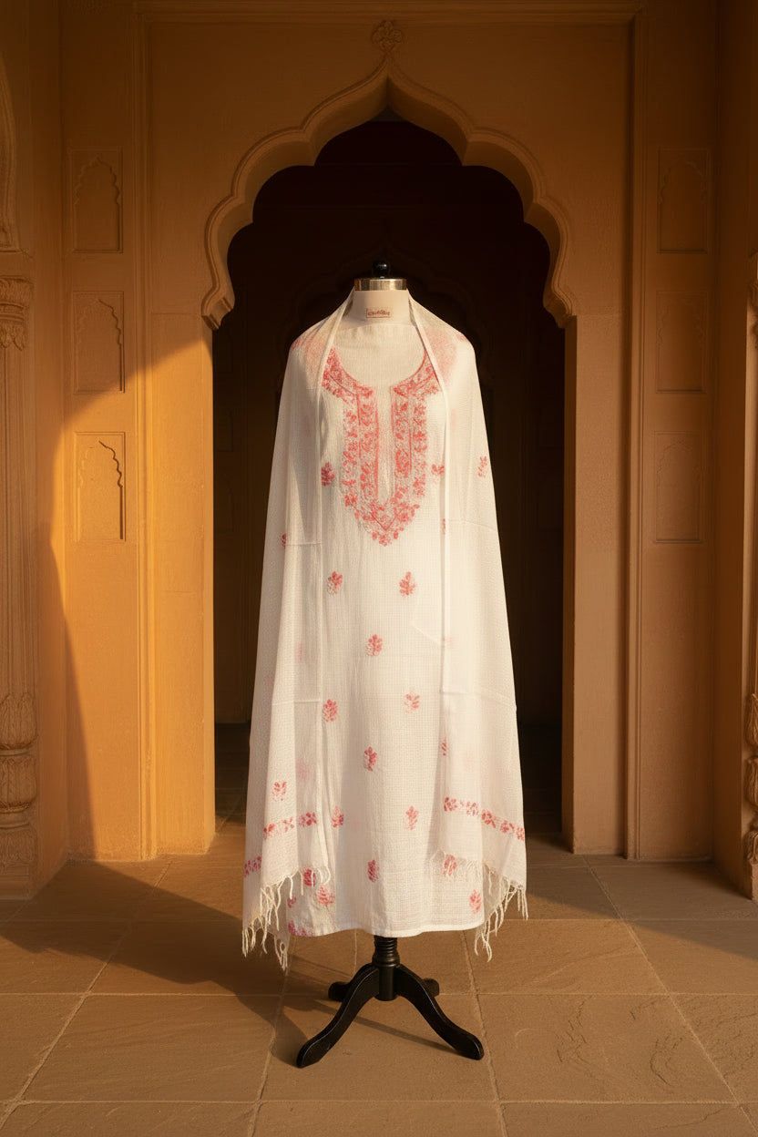 White Pink Kota Doriya Chikankari Suit Set