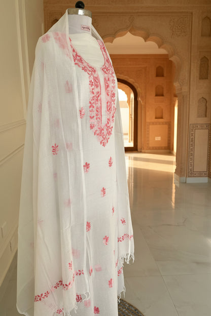 White Pink Kota Doriya Chikankari Suit Set
