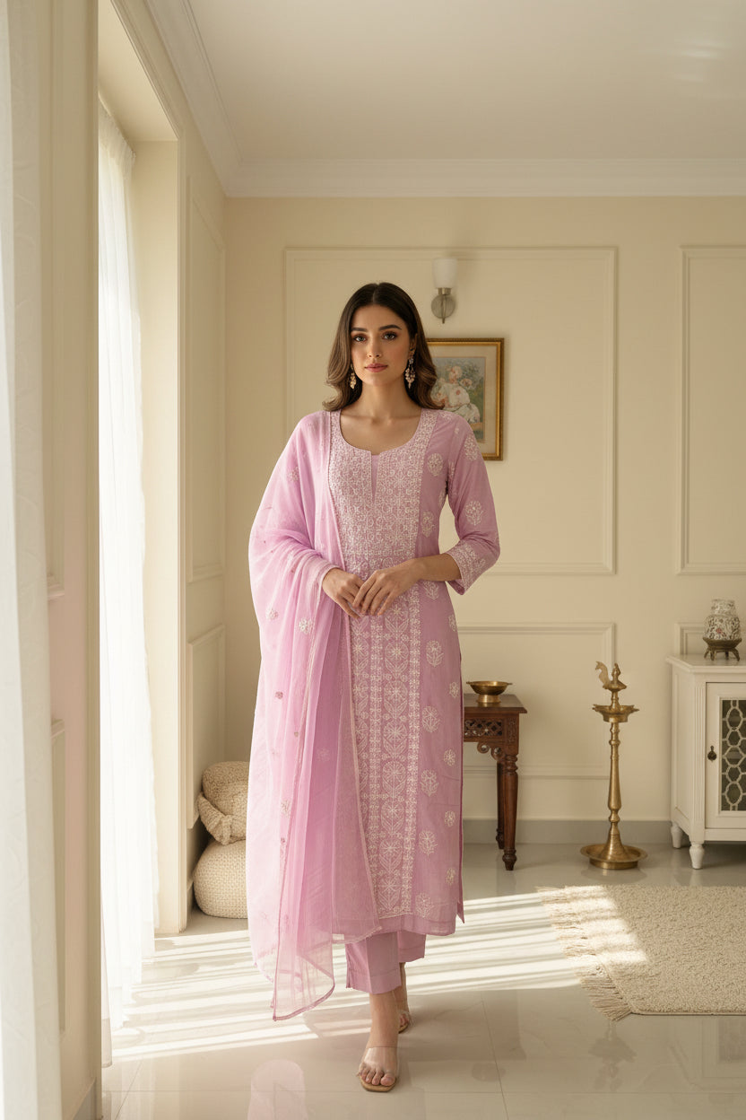 mauve fabric with intricate white chikankari embroidery on muslin 