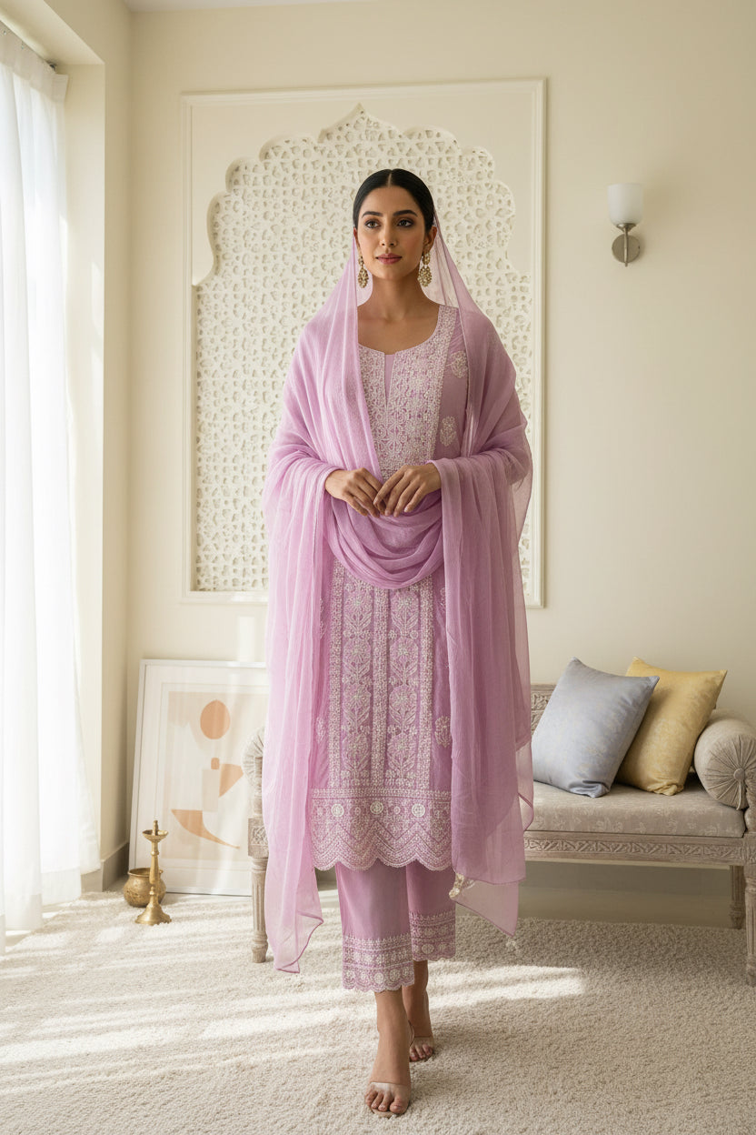 mauve muslin with white chikankari embroidery 
