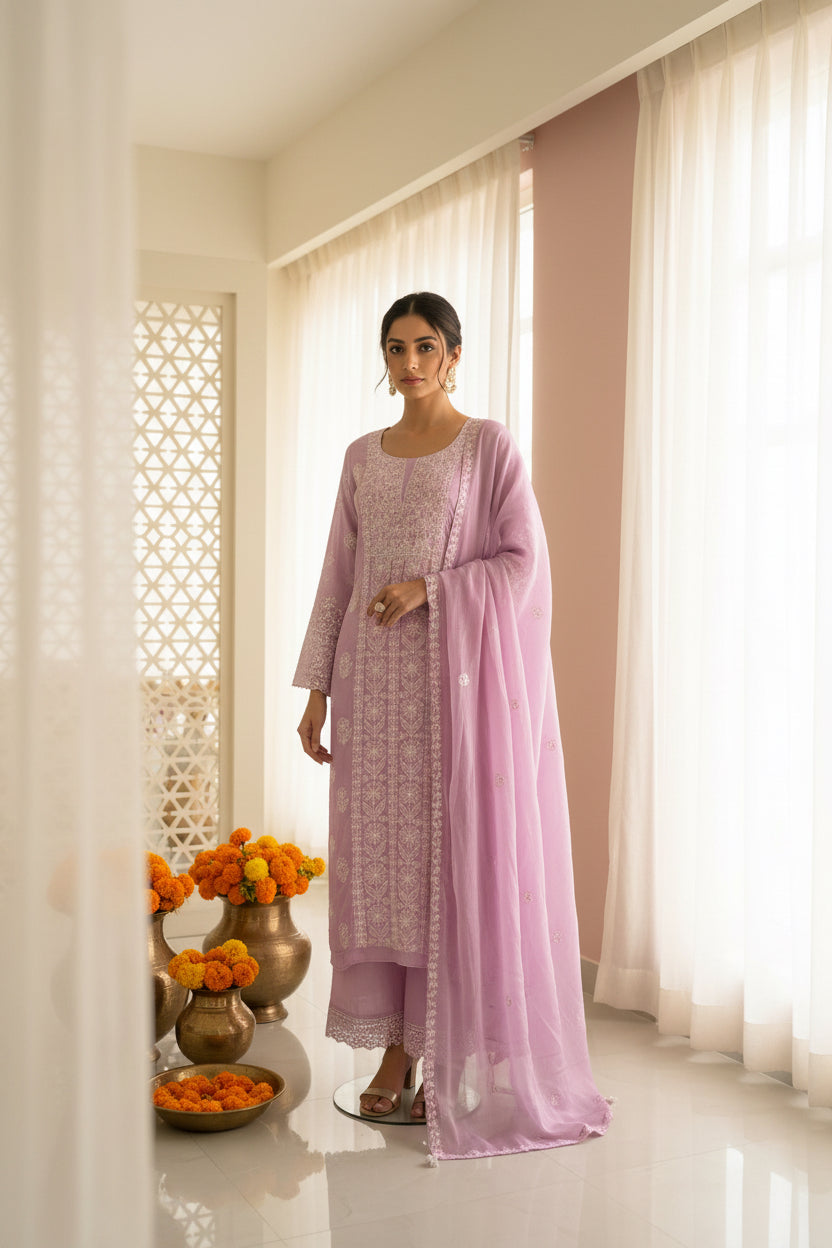 Mauve Chikankari Suit Set | Muslin Fabric