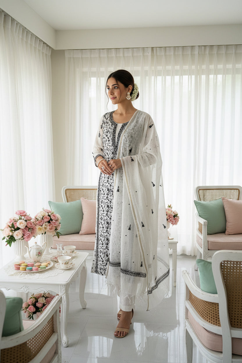 Black & White Mul Chanderi Chikankari Suit Set
