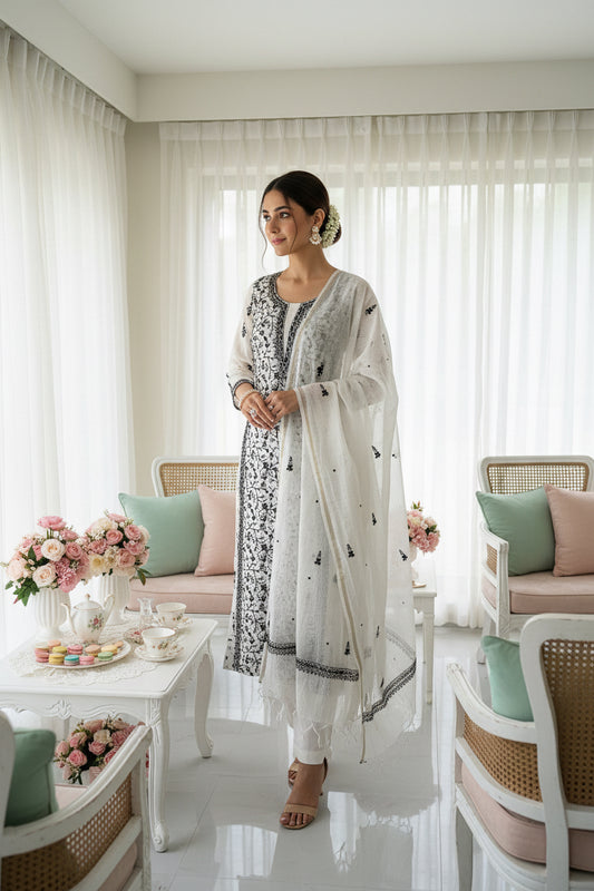 Black & White Mul Chanderi Chikankari Suit Set
