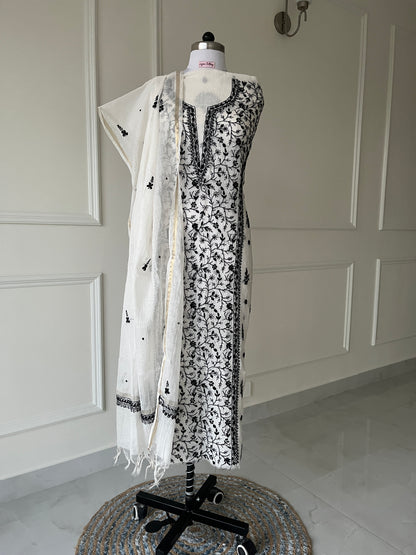 Black & White Mul Chanderi Chikankari Suit Set