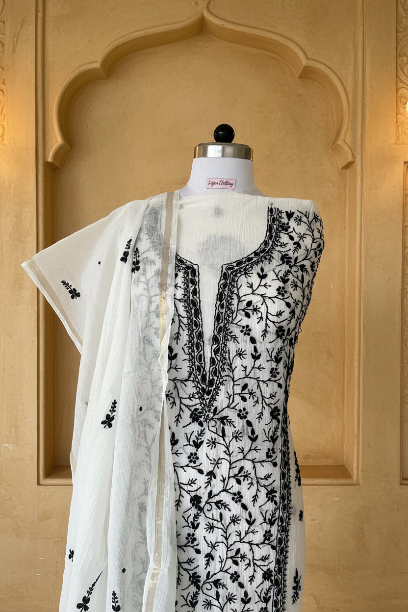 Hand-embroidered Chikankari  crepe Stitched Kurta Set in Soft pink for women – Lajjaa.
