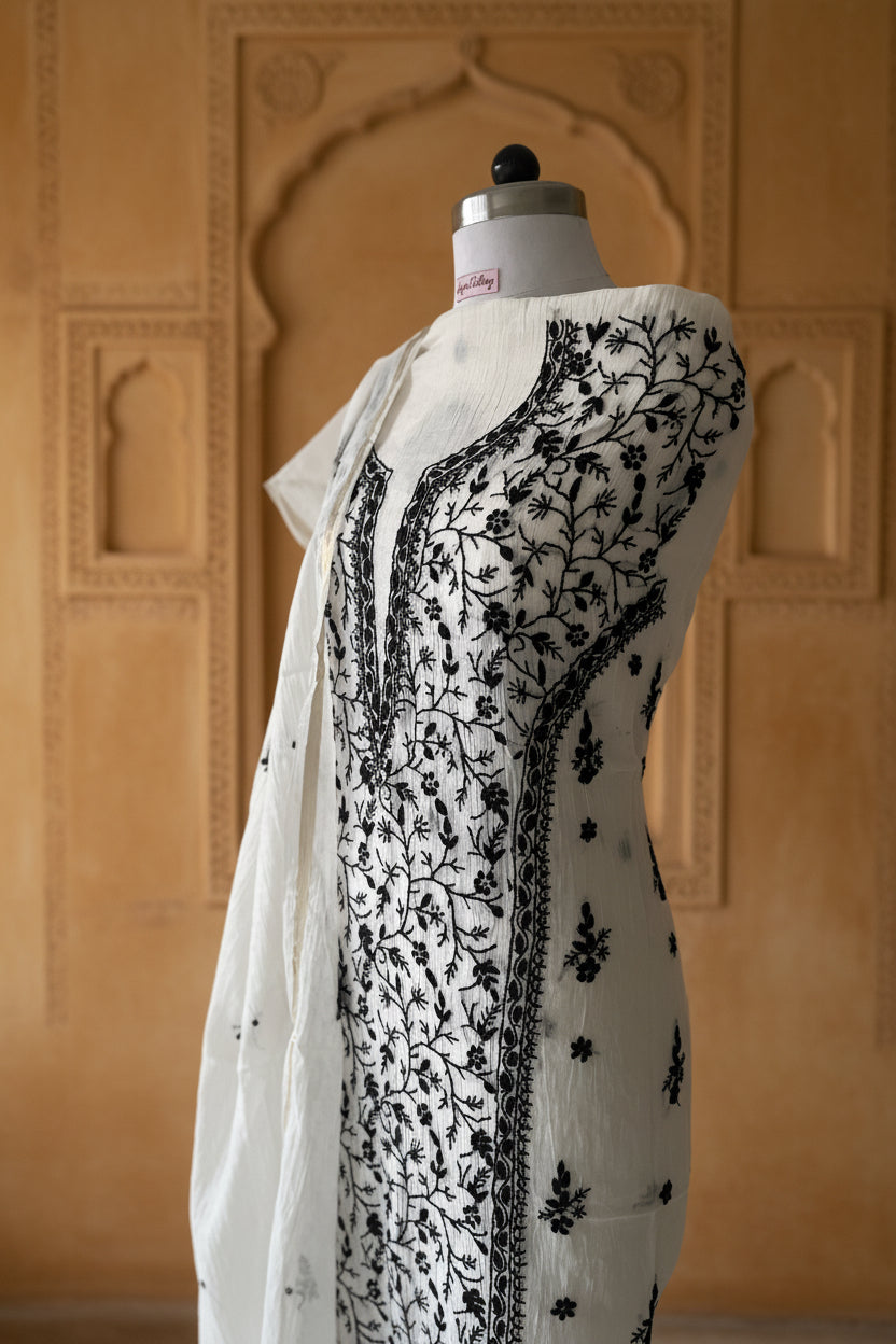 Hand-embroidered Chikankari  crepe Stitched Kurta Set in Soft pink for women – Lajjaa.