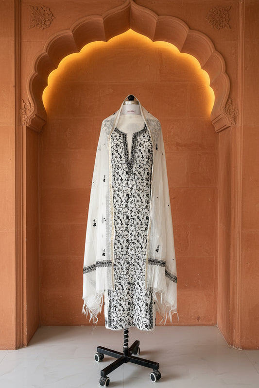 Black & White Mul Chanderi Chikankari Suit Set