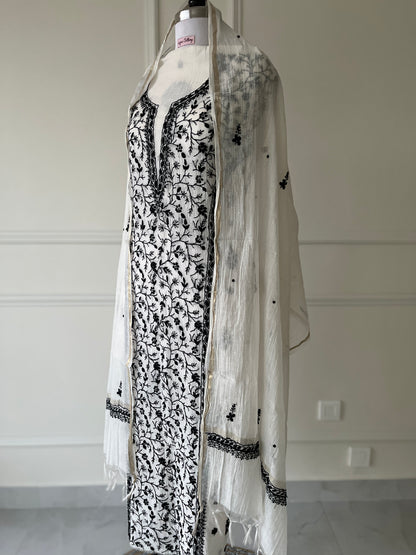 Black & White Mul Chanderi Chikankari Suit Set