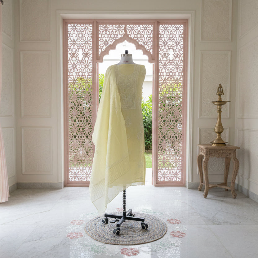 Butter Yellow Chikankari Suit Set | Mul Chanderi Fabric