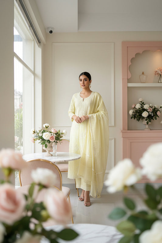 Butter Yellow Chikankari Suit Set | Mul Chanderi Fabric