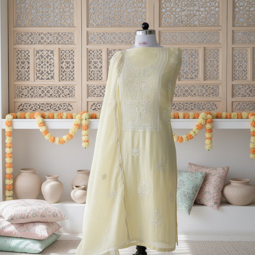 Butter Yellow Chikankari Suit Set | Mul Chanderi Fabric